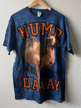 Delta Navy Blue 'Hump Daaay' Camel Graphic Tee with Orange Lettering